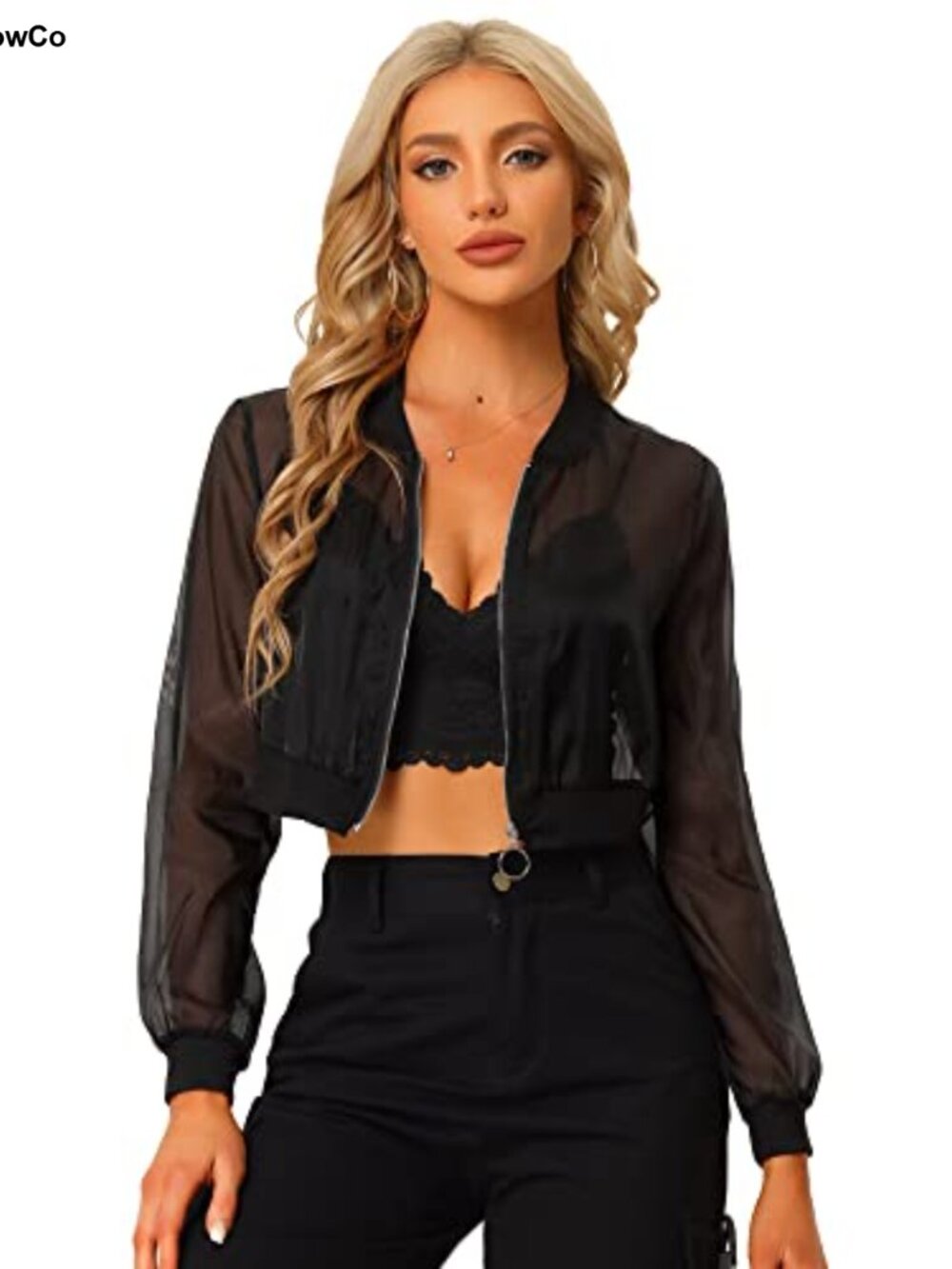 Sheer Mesh Zip Up Crop Bomber Jacket Lightweight Nylon